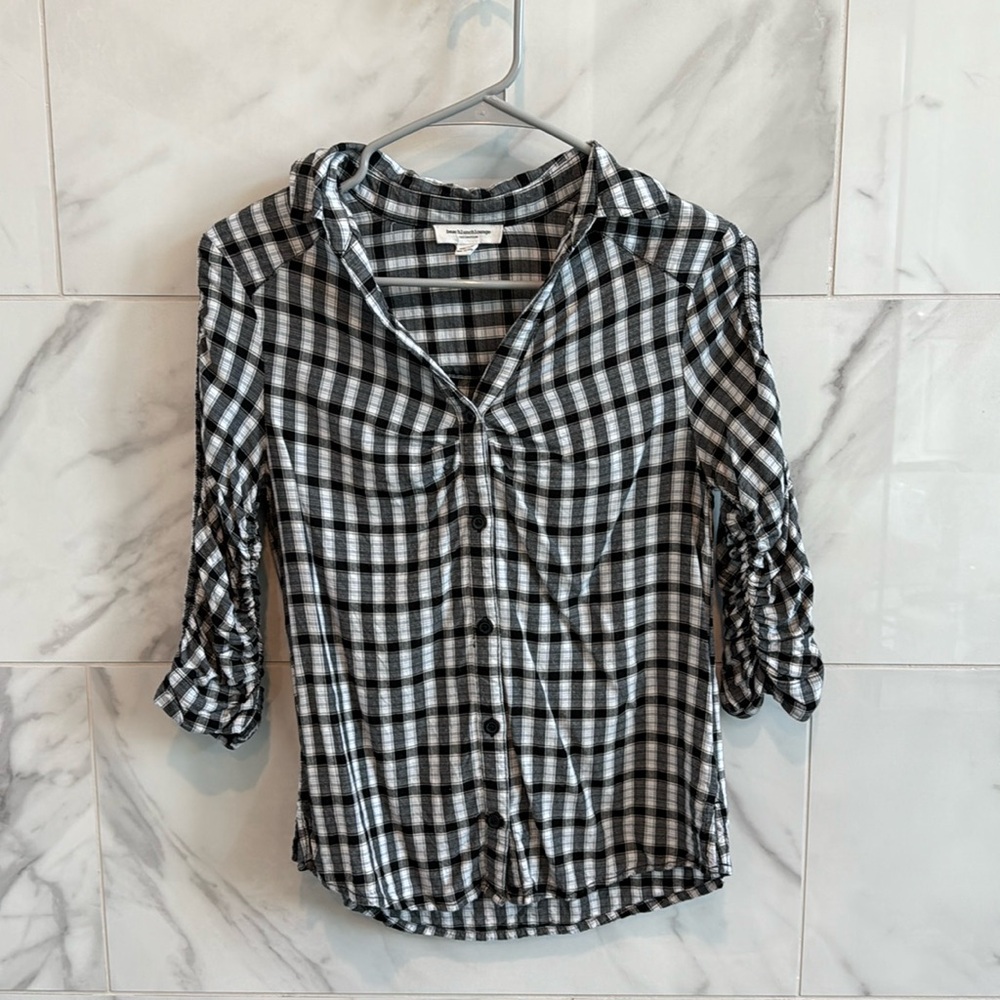 Women 3/4 Sleeves Button Down Plaid Shirt with Stretchy Arms Size XS